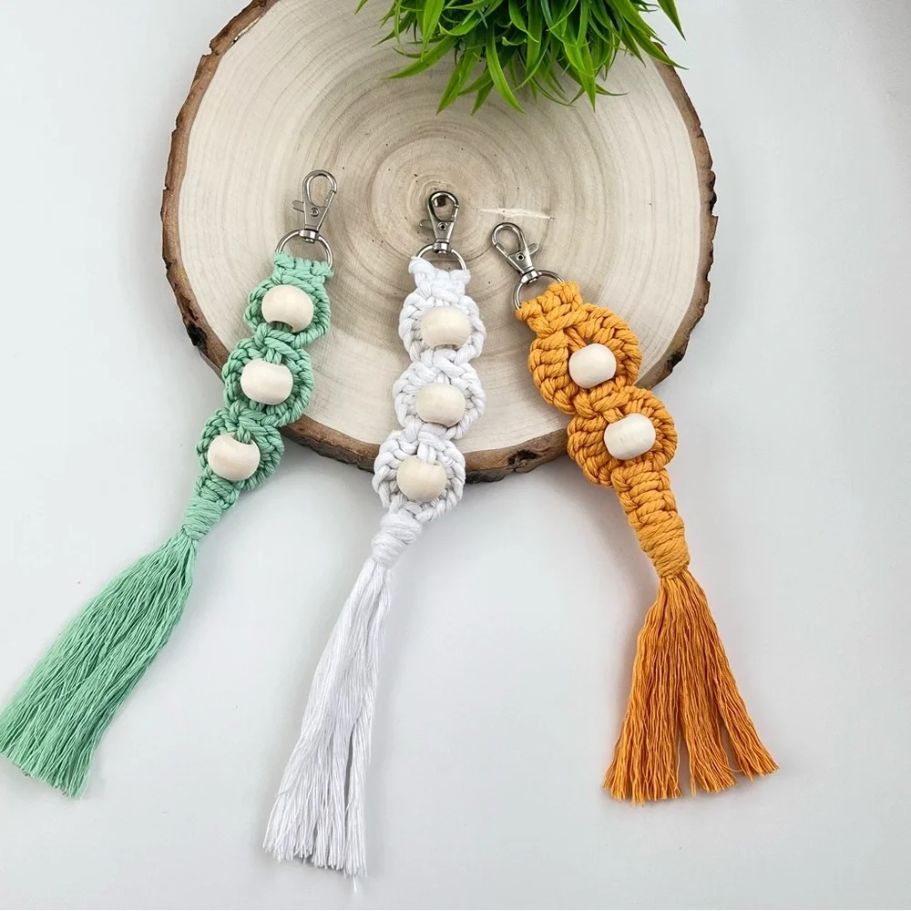 Macrame Floral with Wooden Bead Boho Keychain